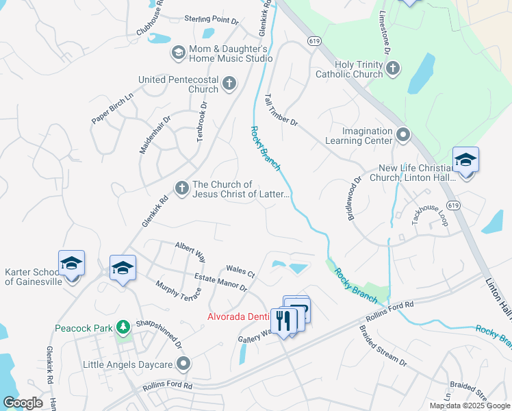 map of restaurants, bars, coffee shops, grocery stores, and more near 13989 Dancing Twig Drive in Gainesville