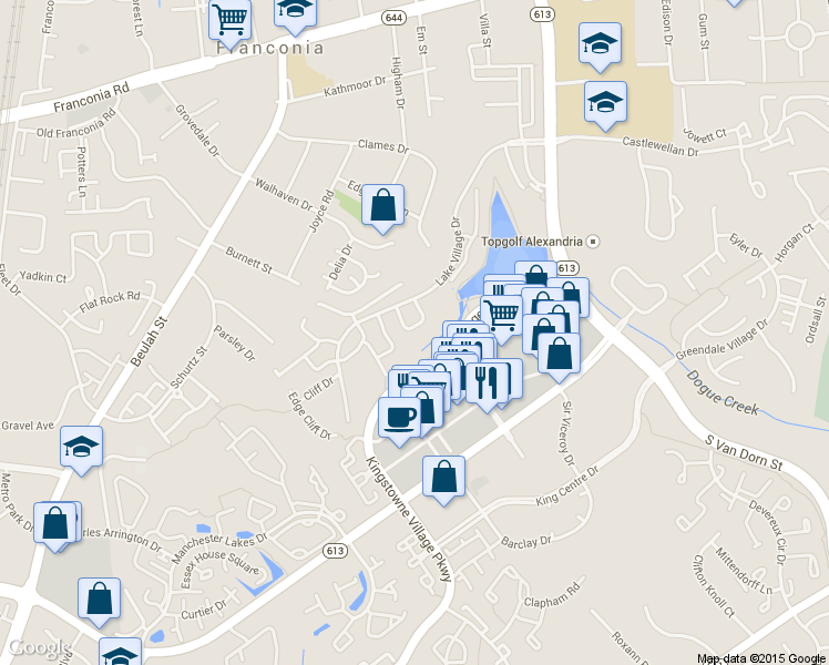 map of restaurants, bars, coffee shops, grocery stores, and more near 6631 Dunwich Way in Alexandria