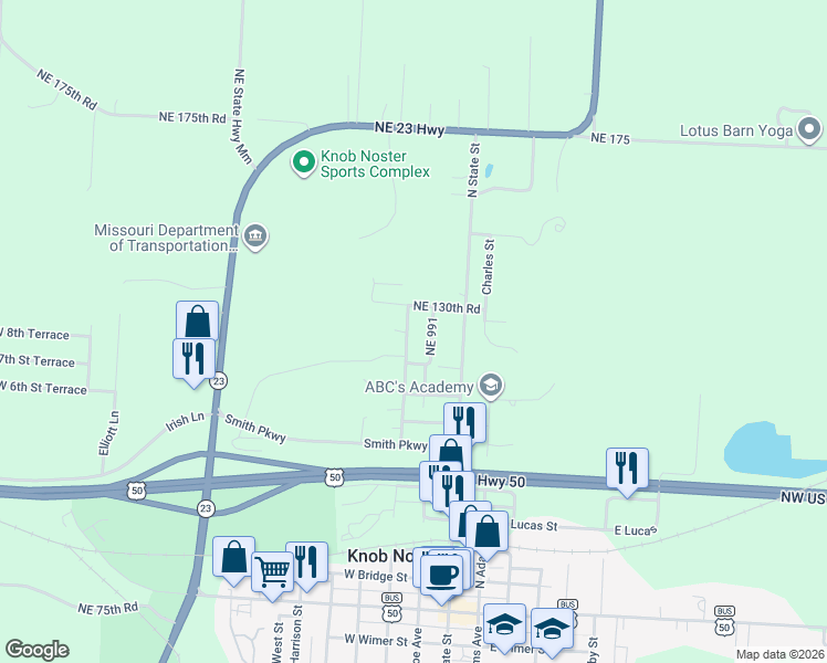 map of restaurants, bars, coffee shops, grocery stores, and more near 123 Northeast 981 Road in Knob Noster