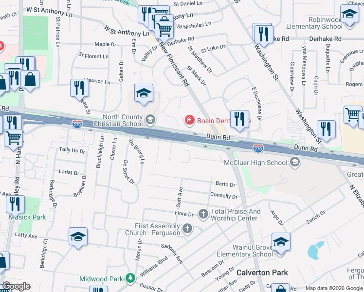 map of restaurants, bars, coffee shops, grocery stores, and more near 39 Jean Drive in Florissant