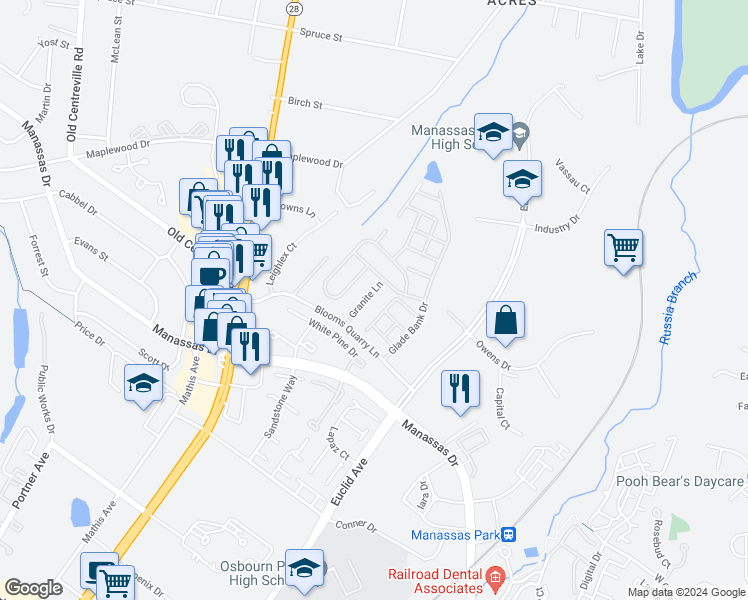map of restaurants, bars, coffee shops, grocery stores, and more near 8413 Granite Lane in Manassas