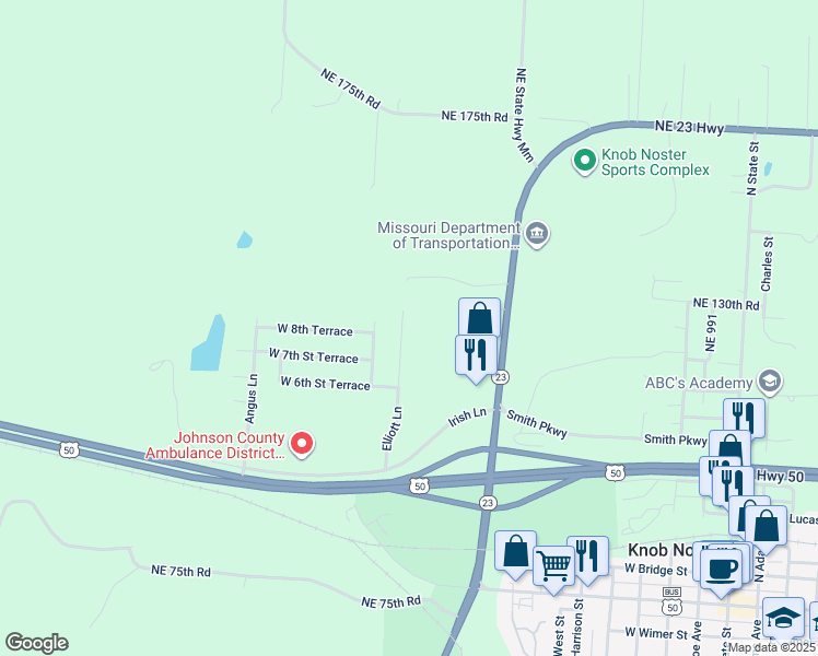 map of restaurants, bars, coffee shops, grocery stores, and more near 804 Elliott Lane in Knob Noster