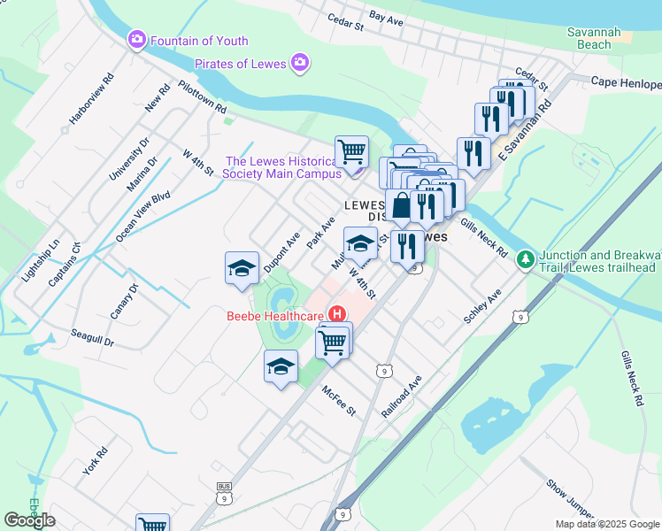 map of restaurants, bars, coffee shops, grocery stores, and more near 410 Mulberry Street in Lewes