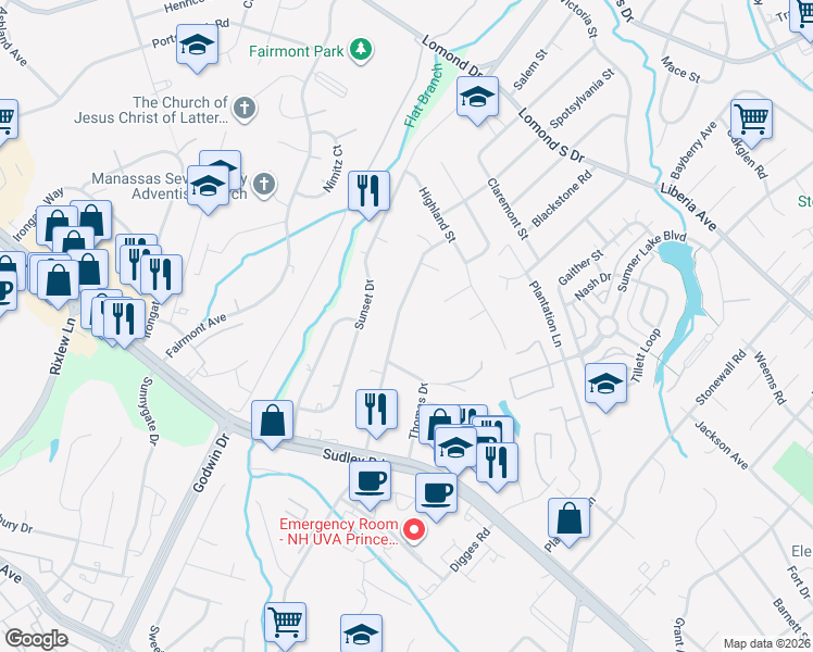 map of restaurants, bars, coffee shops, grocery stores, and more near 8319 Rolling Road in Manassas