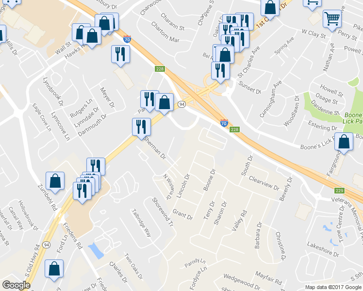 map of restaurants, bars, coffee shops, grocery stores, and more near 3901 Sherman Park Drive in Saint Charles