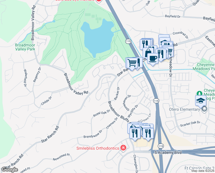 map of restaurants, bars, coffee shops, grocery stores, and more near 4015 Autumn Heights Drive in Colorado Springs