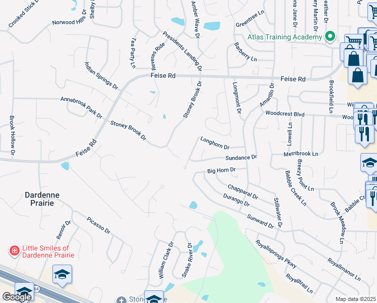 map of restaurants, bars, coffee shops, grocery stores, and more near 711 Longhorn Drive in O'Fallon