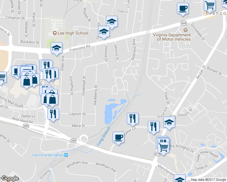 map of restaurants, bars, coffee shops, grocery stores, and more near 6249 Levi Court in Springfield
