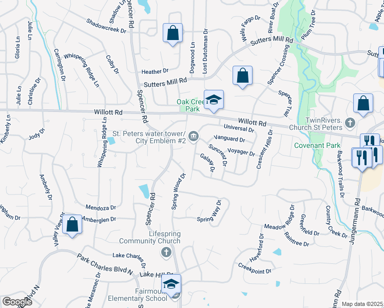 map of restaurants, bars, coffee shops, grocery stores, and more near 210 Universal Drive in St. Peters