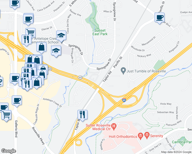 map of restaurants, bars, coffee shops, grocery stores, and more near 6581 Hearthstone Drive in Rocklin