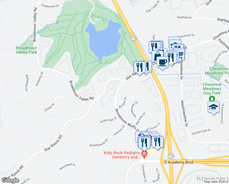 map of restaurants, bars, coffee shops, grocery stores, and more near 4015 Autumn Heights Drive in Colorado Springs