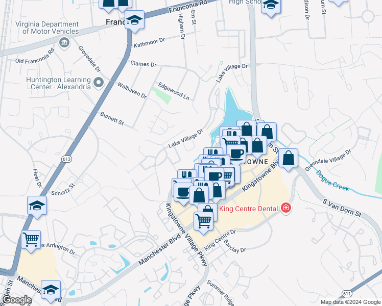 map of restaurants, bars, coffee shops, grocery stores, and more near 6631 Dunwich Way in Alexandria