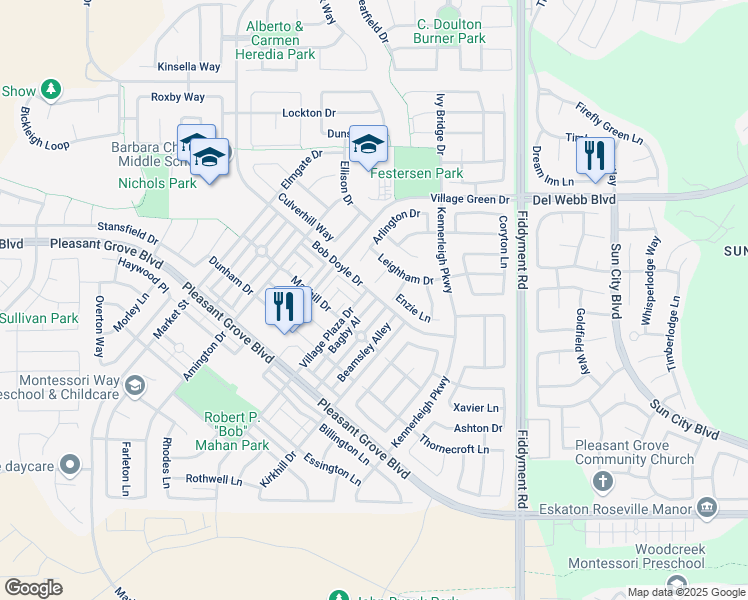 map of restaurants, bars, coffee shops, grocery stores, and more near 3248 Bagby Al in Roseville