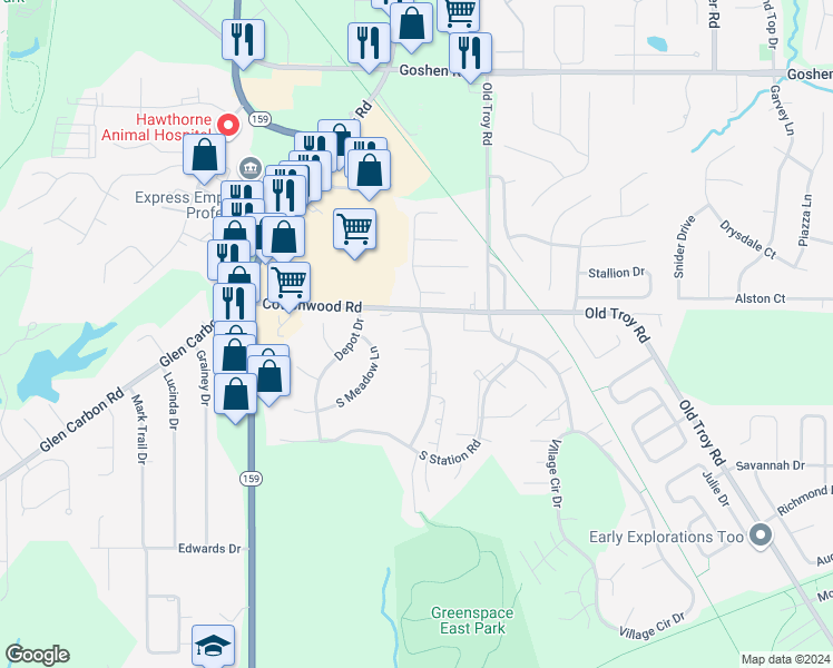 map of restaurants, bars, coffee shops, grocery stores, and more near 41 Pepperwood Court in Glen Carbon
