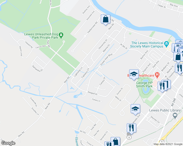 map of restaurants, bars, coffee shops, grocery stores, and more near 310 Ocean View Boulevard in Lewes