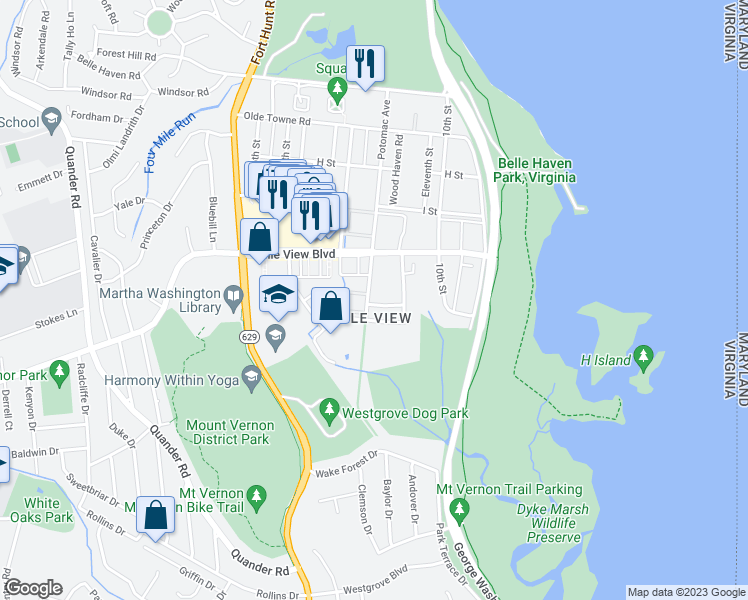 map of restaurants, bars, coffee shops, grocery stores, and more near 6615 Potomac Avenue in Alexandria