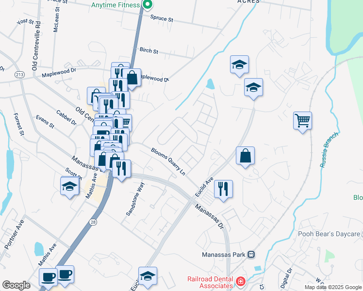map of restaurants, bars, coffee shops, grocery stores, and more near 8413 Granite Lane in Manassas