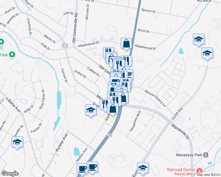 map of restaurants, bars, coffee shops, grocery stores, and more near 123 Scott Drive in Manassas Park