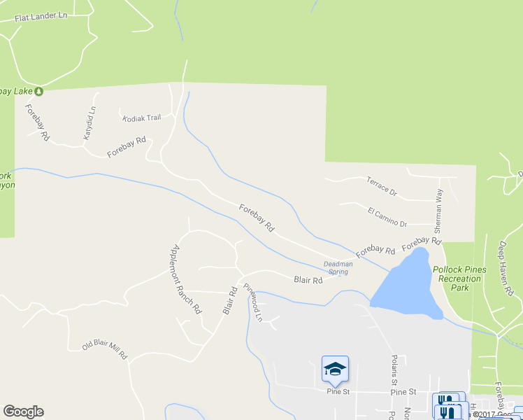 map of restaurants, bars, coffee shops, grocery stores, and more near 2343 Forebay Road in Pollock Pines