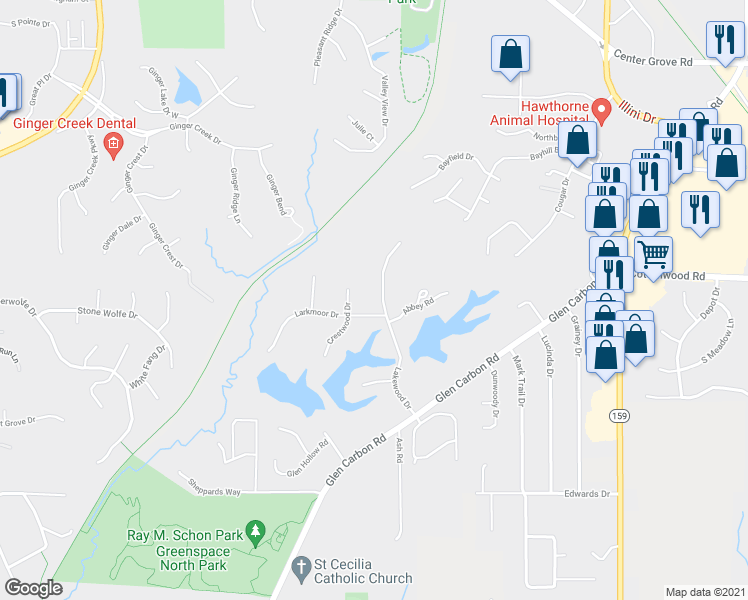 map of restaurants, bars, coffee shops, grocery stores, and more near 25 Lakewood Drive in Glen Carbon