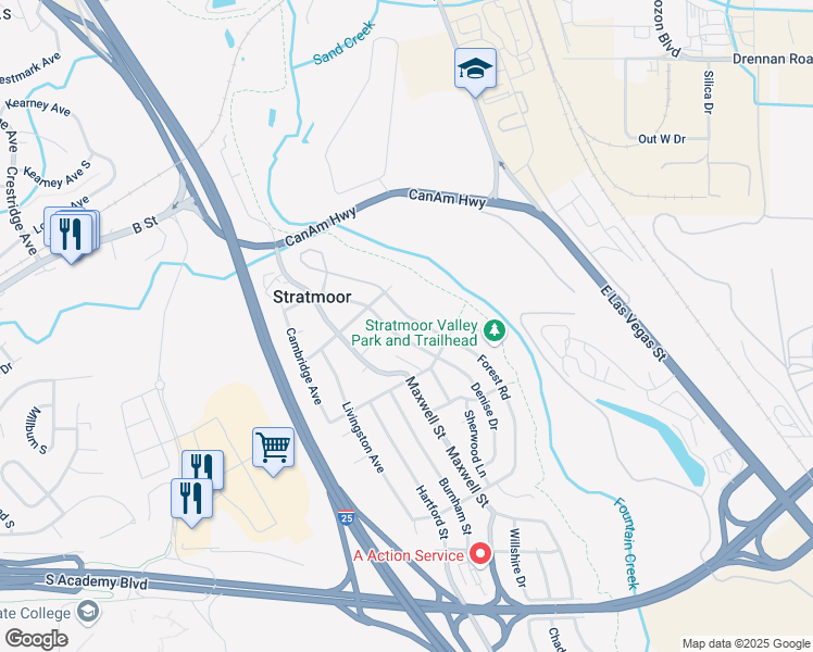 map of restaurants, bars, coffee shops, grocery stores, and more near 1111 Claiborne Road in Colorado Springs