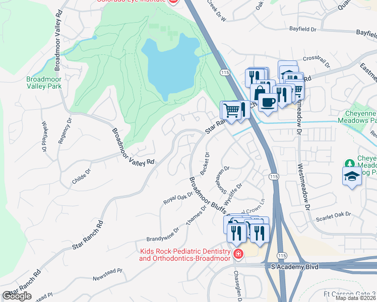 map of restaurants, bars, coffee shops, grocery stores, and more near 4015 Autumn Heights Drive in Colorado Springs