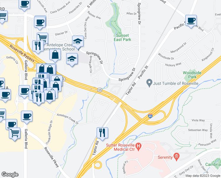map of restaurants, bars, coffee shops, grocery stores, and more near 6540 Hearthstone Circle in Rocklin