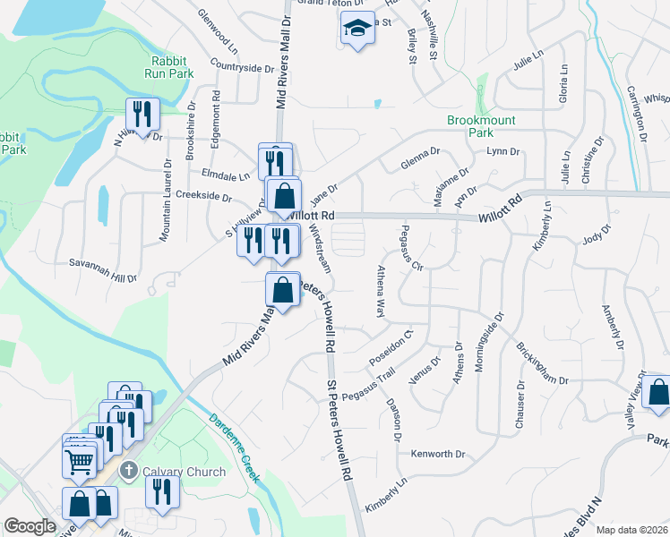 map of restaurants, bars, coffee shops, grocery stores, and more near 1016 Windstream in St. Peters