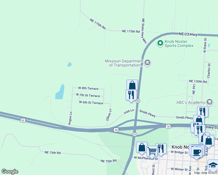 map of restaurants, bars, coffee shops, grocery stores, and more near 802 Kendrick Street in Knob Noster