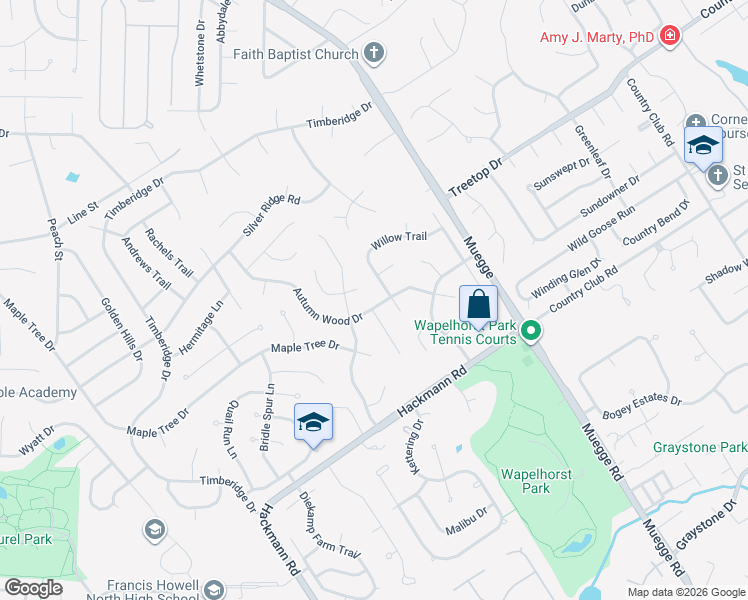 map of restaurants, bars, coffee shops, grocery stores, and more near 2062 Autumn Wood Drive in Saint Charles