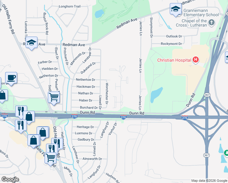 map of restaurants, bars, coffee shops, grocery stores, and more near 11109 Towering Pines Drive in St. Louis