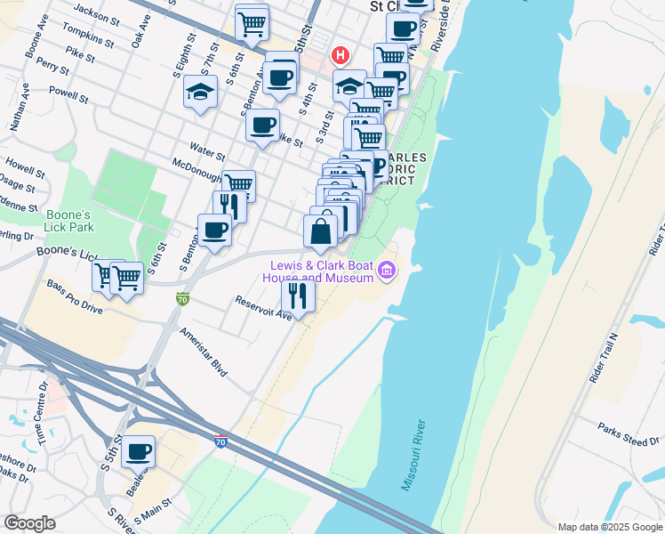 map of restaurants, bars, coffee shops, grocery stores, and more near 1022 South Main Street in Saint Charles