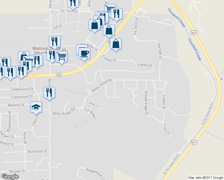 map of restaurants, bars, coffee shops, grocery stores, and more near 2517 Oak Ridge Lane in Madison