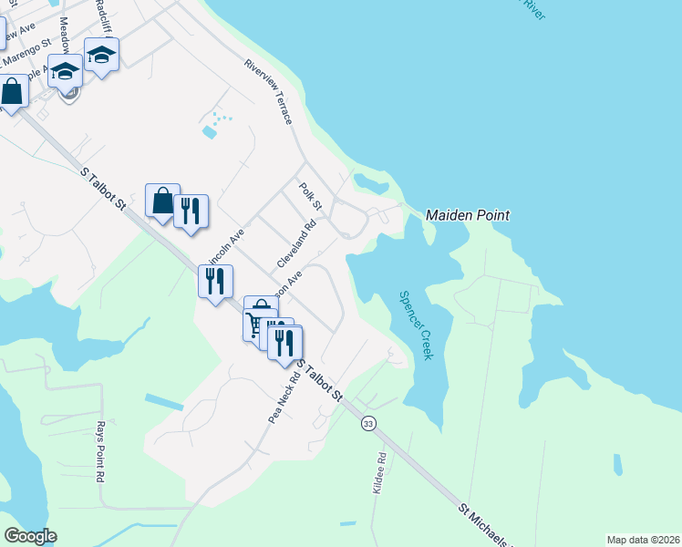 map of restaurants, bars, coffee shops, grocery stores, and more near 215 Madison Avenue in Saint Michaels