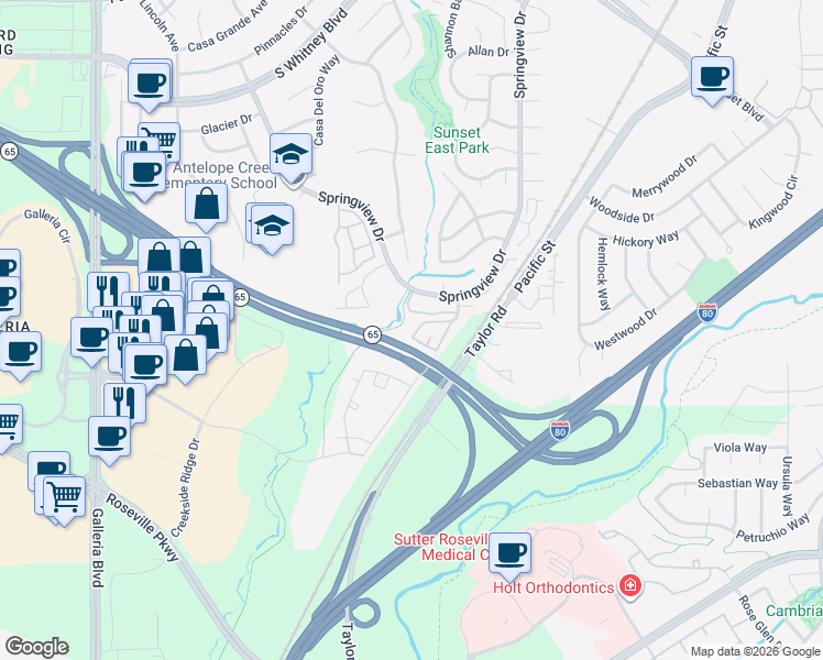 map of restaurants, bars, coffee shops, grocery stores, and more near 6540 Hearthstone Circle in Rocklin