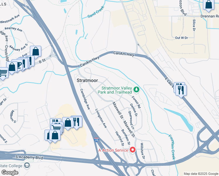 map of restaurants, bars, coffee shops, grocery stores, and more near 1111 Claiborne Road in Colorado Springs