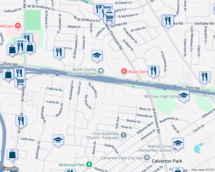 map of restaurants, bars, coffee shops, grocery stores, and more near 70 Chateau Drive in Florissant