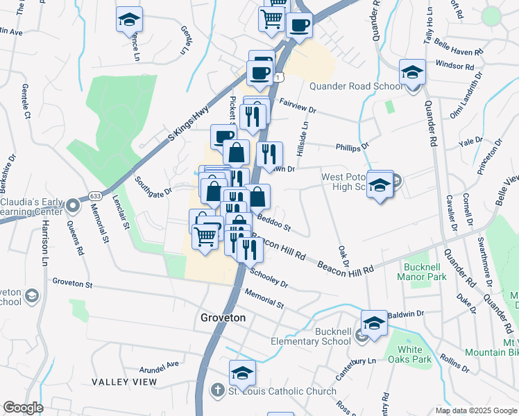 map of restaurants, bars, coffee shops, grocery stores, and more near 6677 Richmond Highway in Alexandria