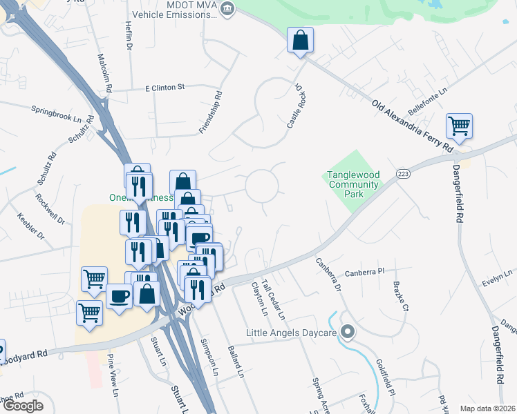 map of restaurants, bars, coffee shops, grocery stores, and more near 7401 Acacia Court in Clinton