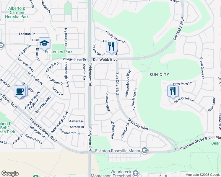 map of restaurants, bars, coffee shops, grocery stores, and more near 408 Angelrock Court in Roseville