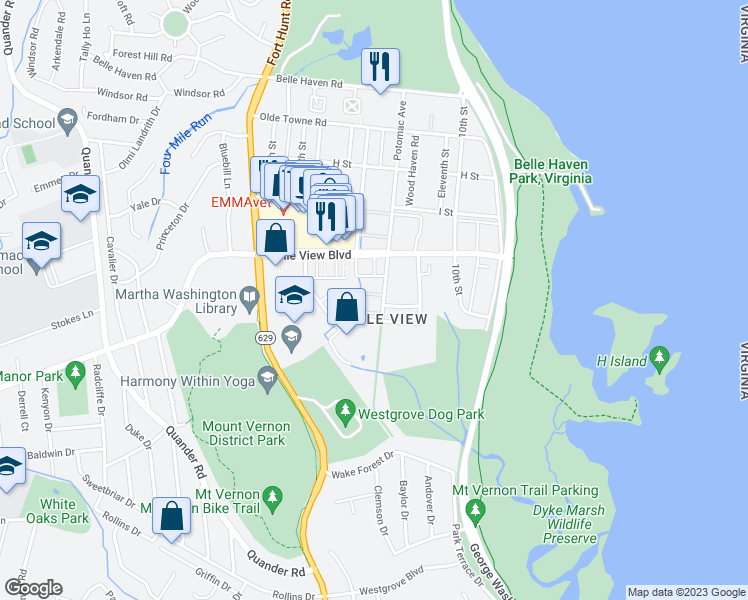 map of restaurants, bars, coffee shops, grocery stores, and more near 6618 Potomac Avenue in Alexandria