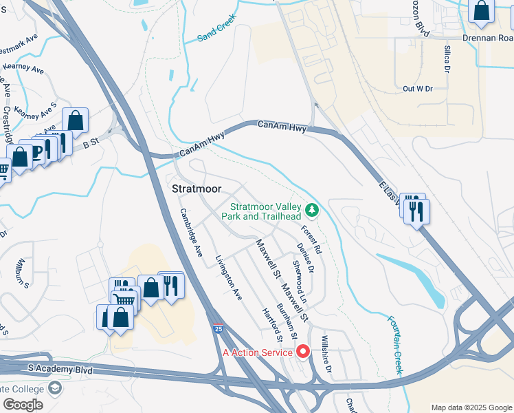 map of restaurants, bars, coffee shops, grocery stores, and more near 1111 Claiborne Road in Colorado Springs
