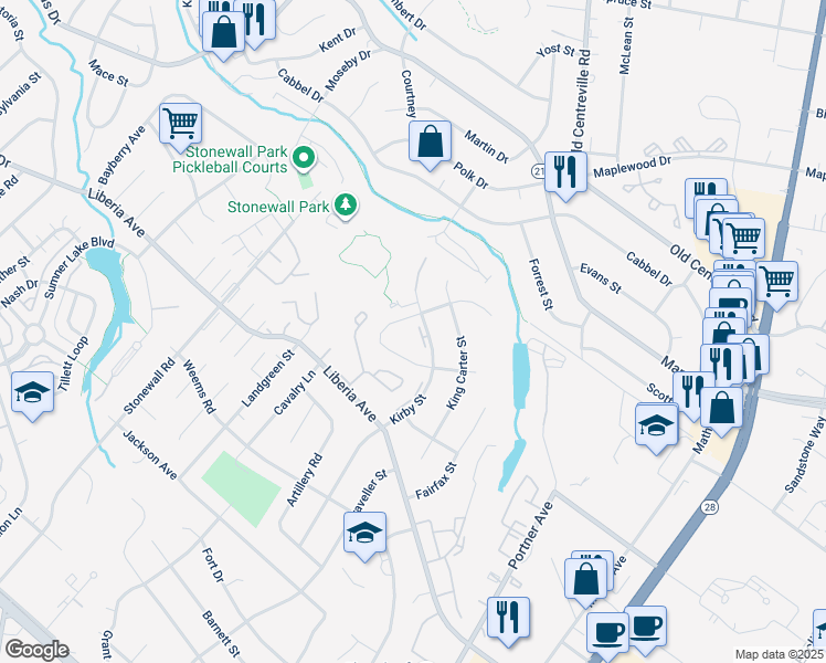 map of restaurants, bars, coffee shops, grocery stores, and more near 8480 Kirby Street in Manassas