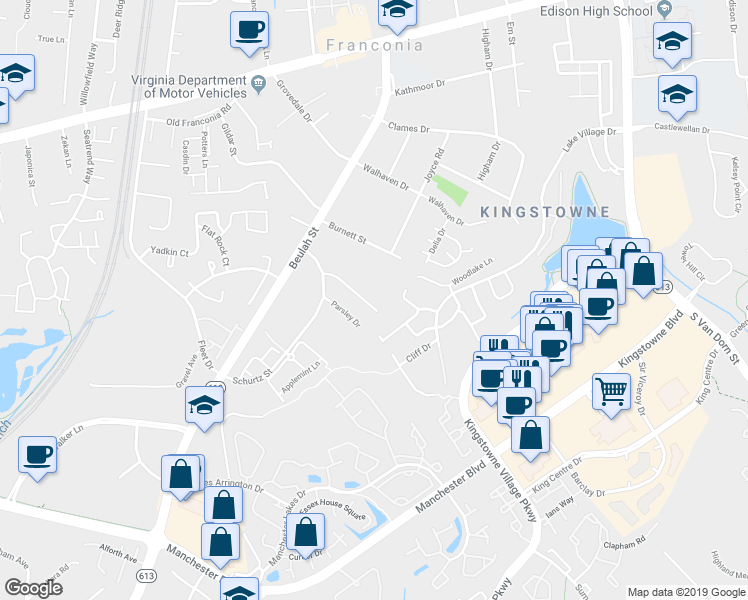 map of restaurants, bars, coffee shops, grocery stores, and more near 6108 Lemon Thyme Drive in Alexandria