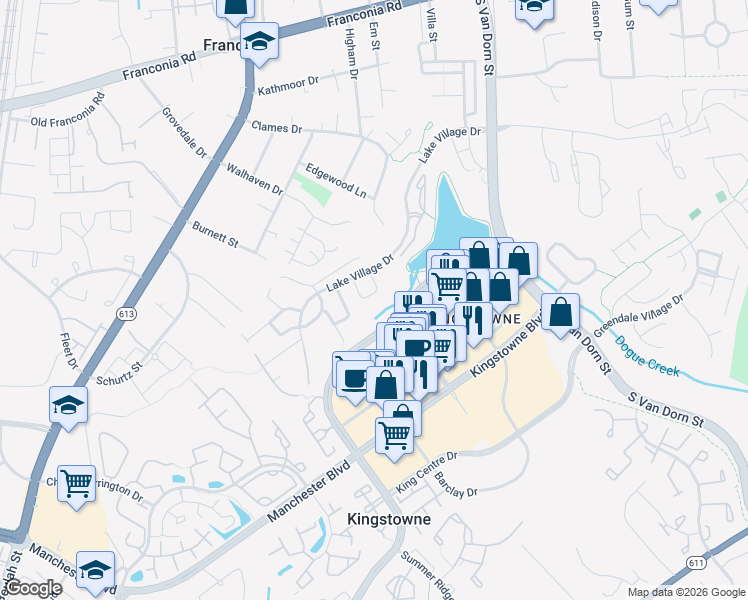 map of restaurants, bars, coffee shops, grocery stores, and more near 6625 Dunwich Way in Alexandria