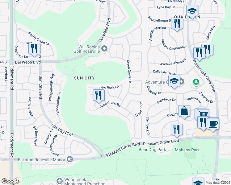 map of restaurants, bars, coffee shops, grocery stores, and more near 516 Pinecreek Ct in Roseville