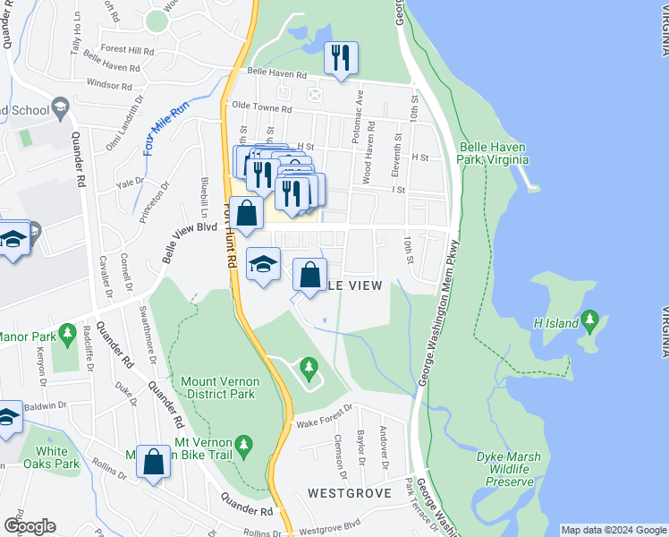 map of restaurants, bars, coffee shops, grocery stores, and more near 6618J Potomac Avenue in Alexandria