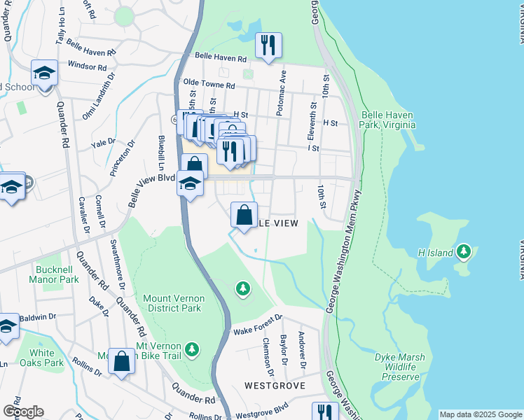 map of restaurants, bars, coffee shops, grocery stores, and more near 6618 Potomac Avenue in Alexandria
