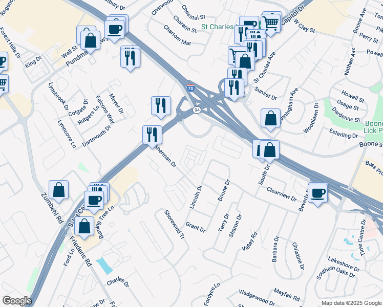 map of restaurants, bars, coffee shops, grocery stores, and more near 3901 Sherman Park Drive in Saint Charles