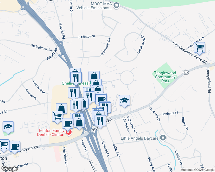 map of restaurants, bars, coffee shops, grocery stores, and more near 7229 Branchwood Place in Clinton